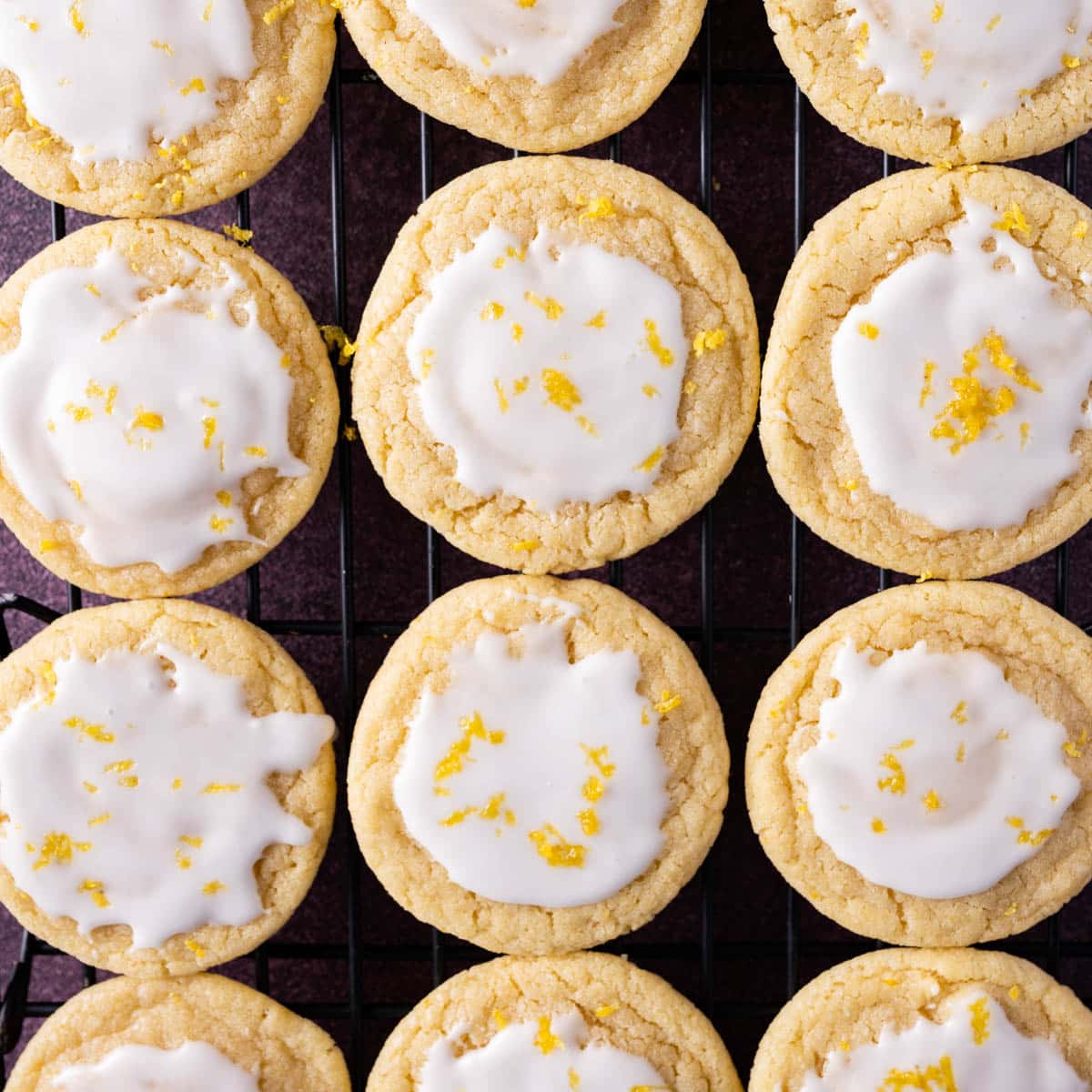 overhead view of cookies on a wire rack