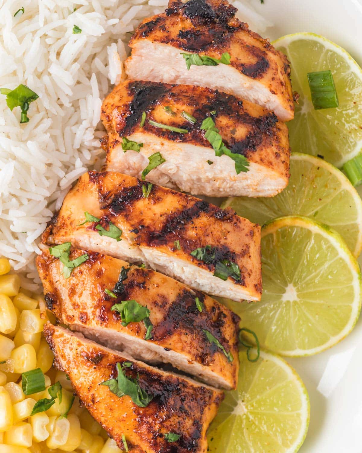 closeup of a slice of mexican chicken sliced on a plate