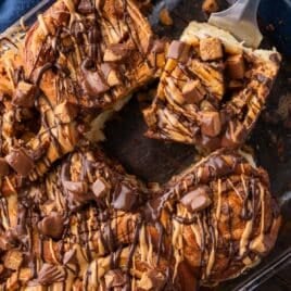 overhead view of a pan of reese's sweet rolls
