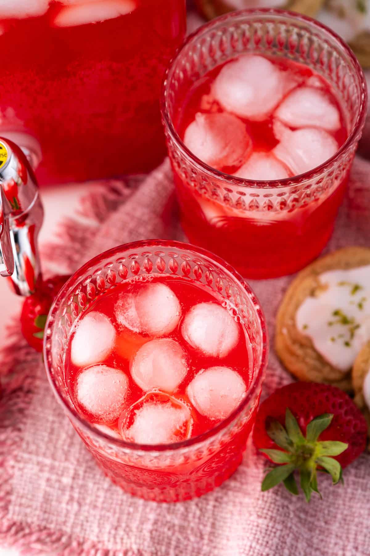 overhead view of strawberry punch with ice cubes