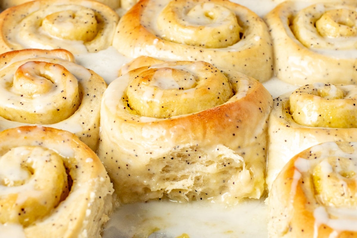 glazed lemon poppy seed rolls in a pan