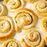 overhead view of lemon poppy seed rolls with glaze