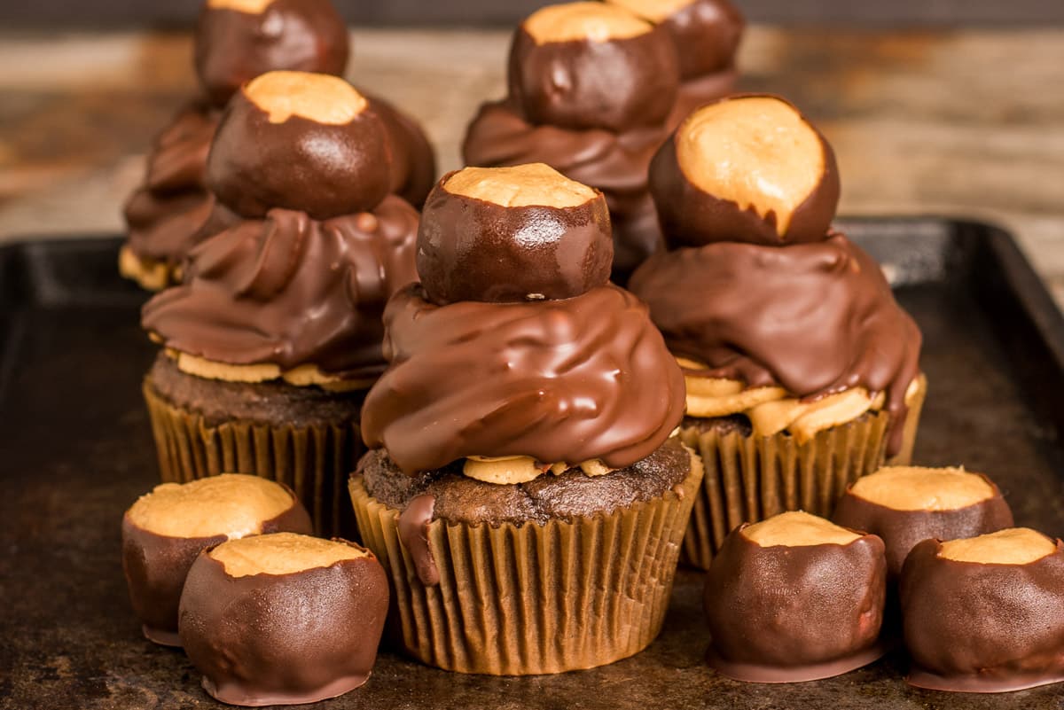 chocolate peanut butter cupcakes with a buckeye on top