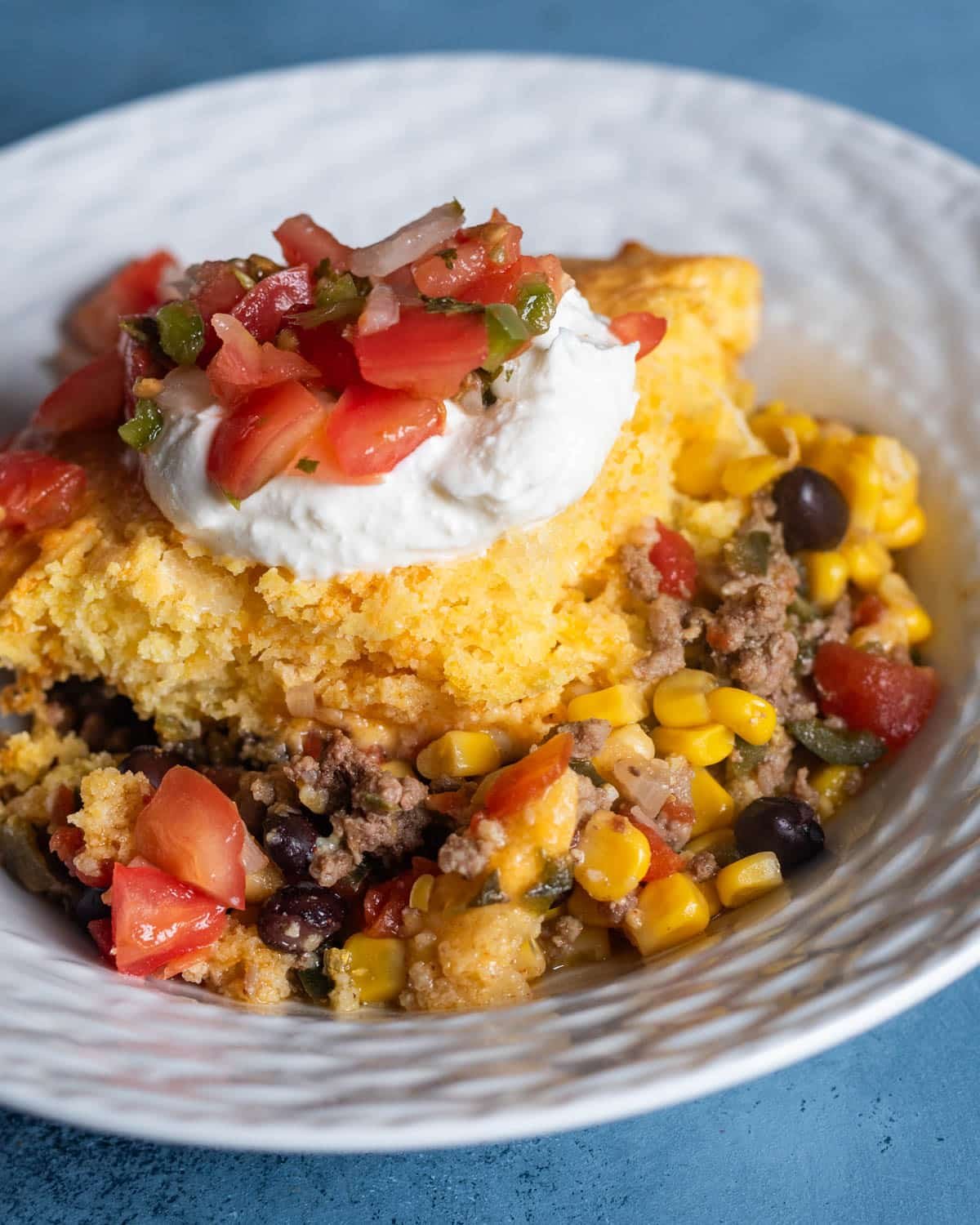 closeup of cornbread topped tamale pie
