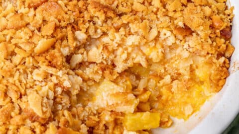 closeup of pineapple casserole with ritz crackers