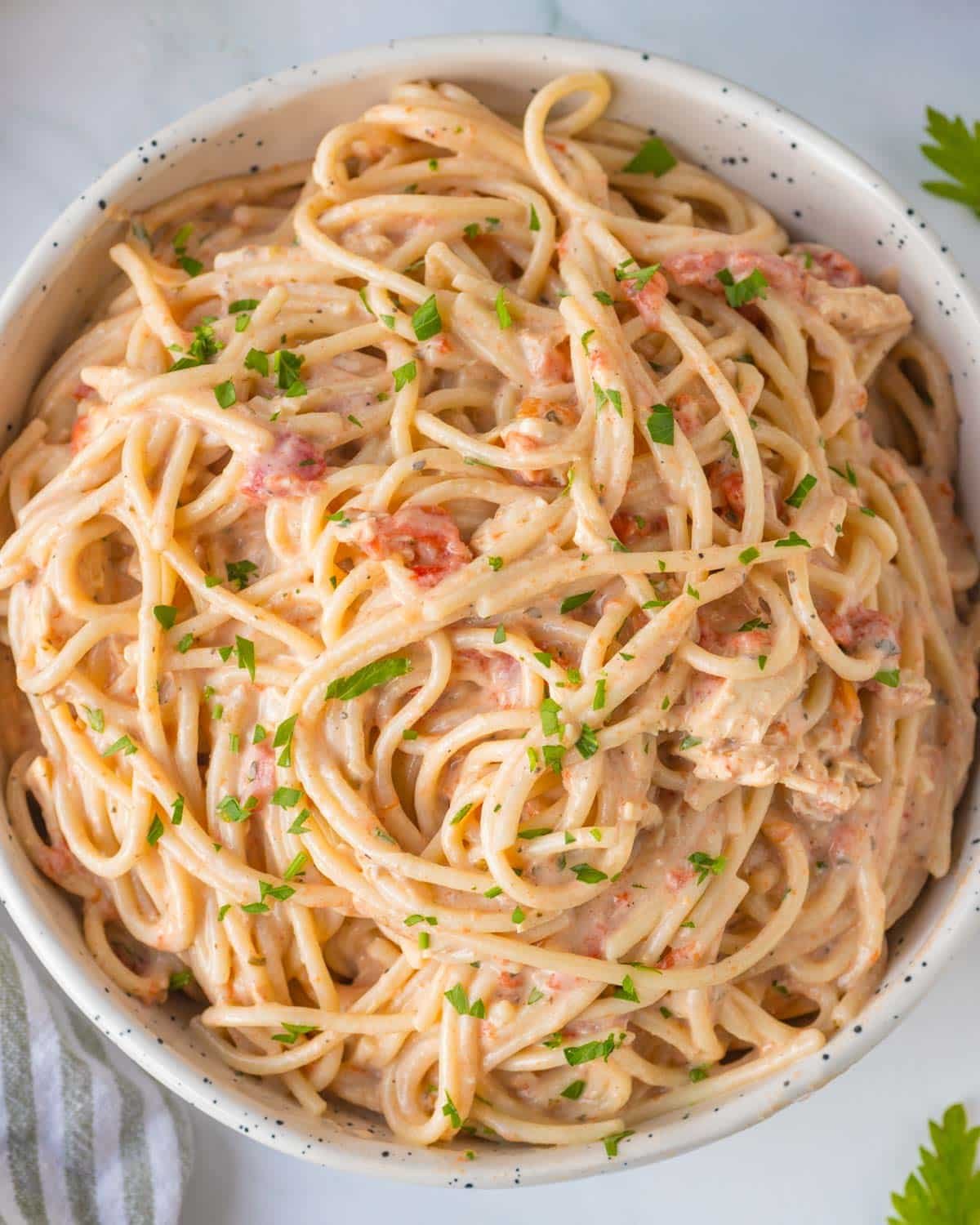 a bowl of chicken spaghetti