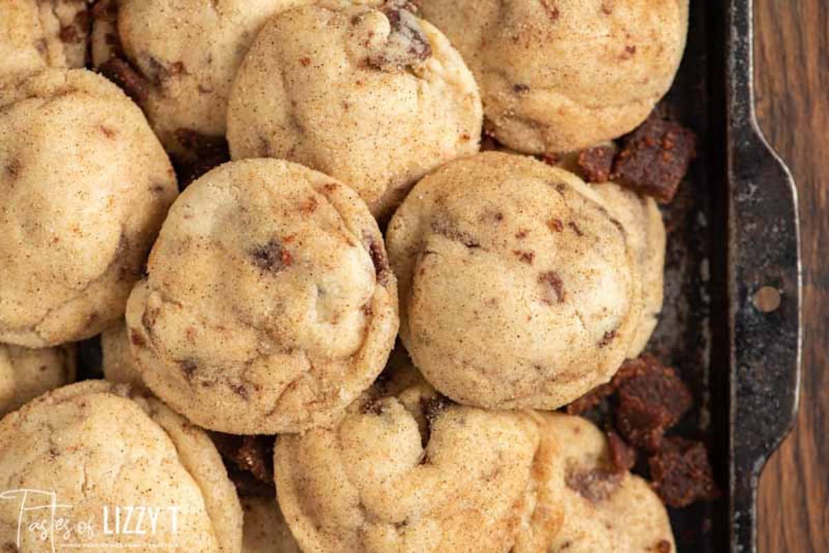 snickerdoodle cookies with cinnamon chips on a baking sheet