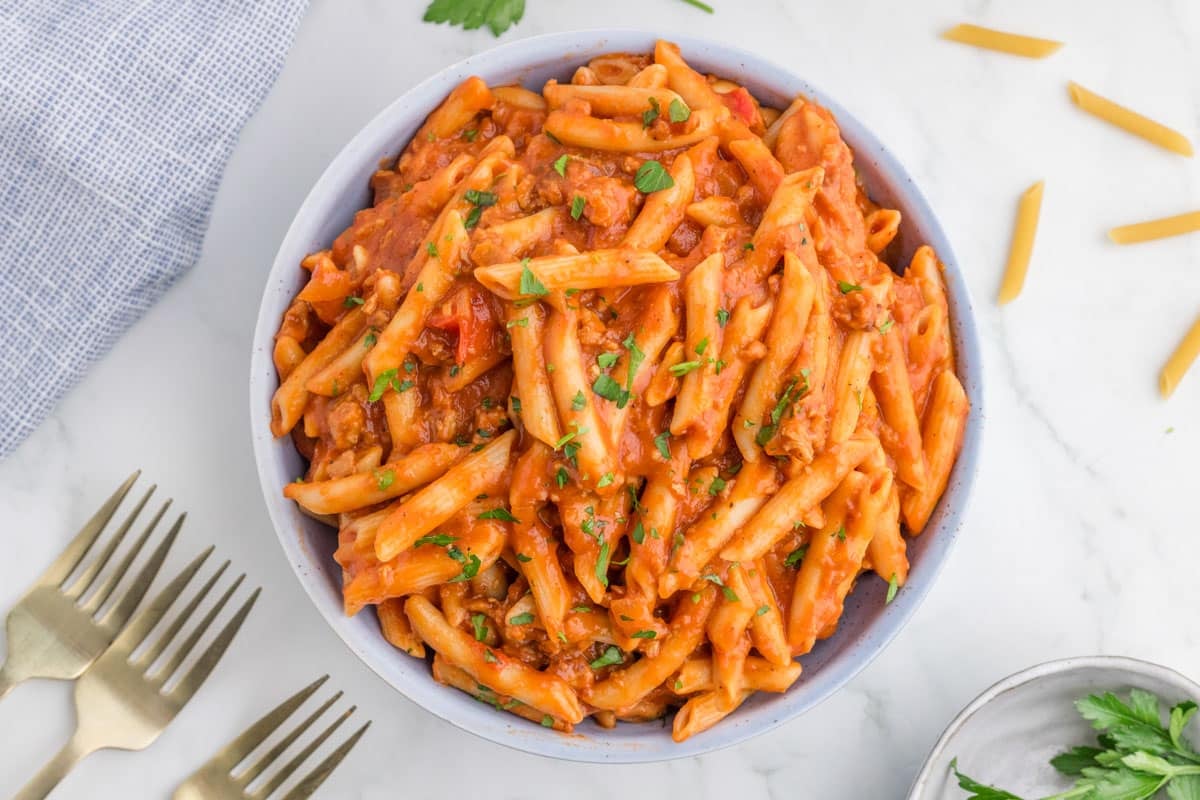a bowl of sloppy joe pasta on a table