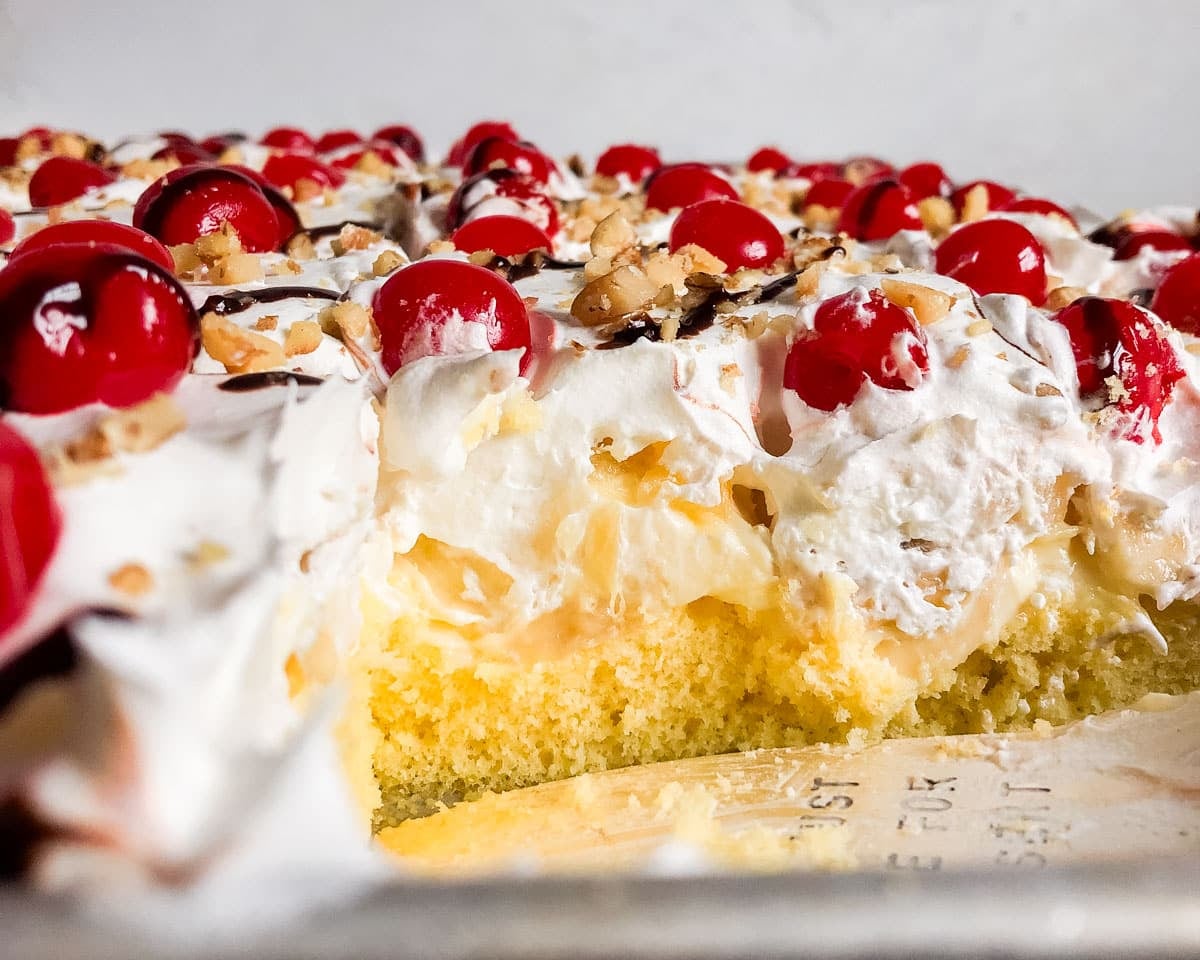 closeup of the layers of a banana split cake