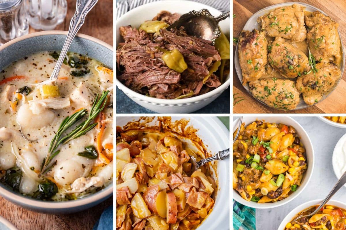 collage of 5 slow cooker dinners