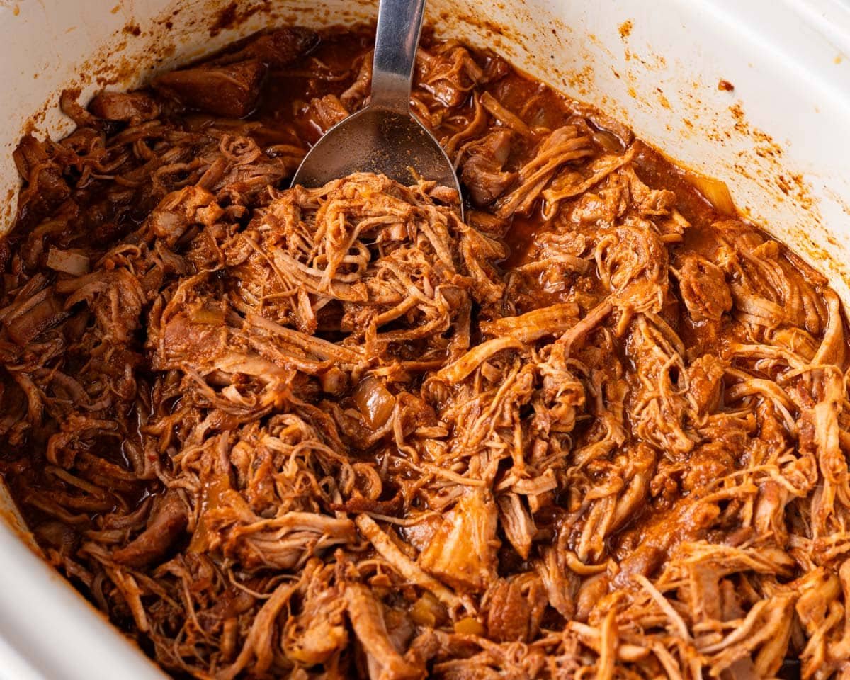 shredded bbq pork in a crockpot