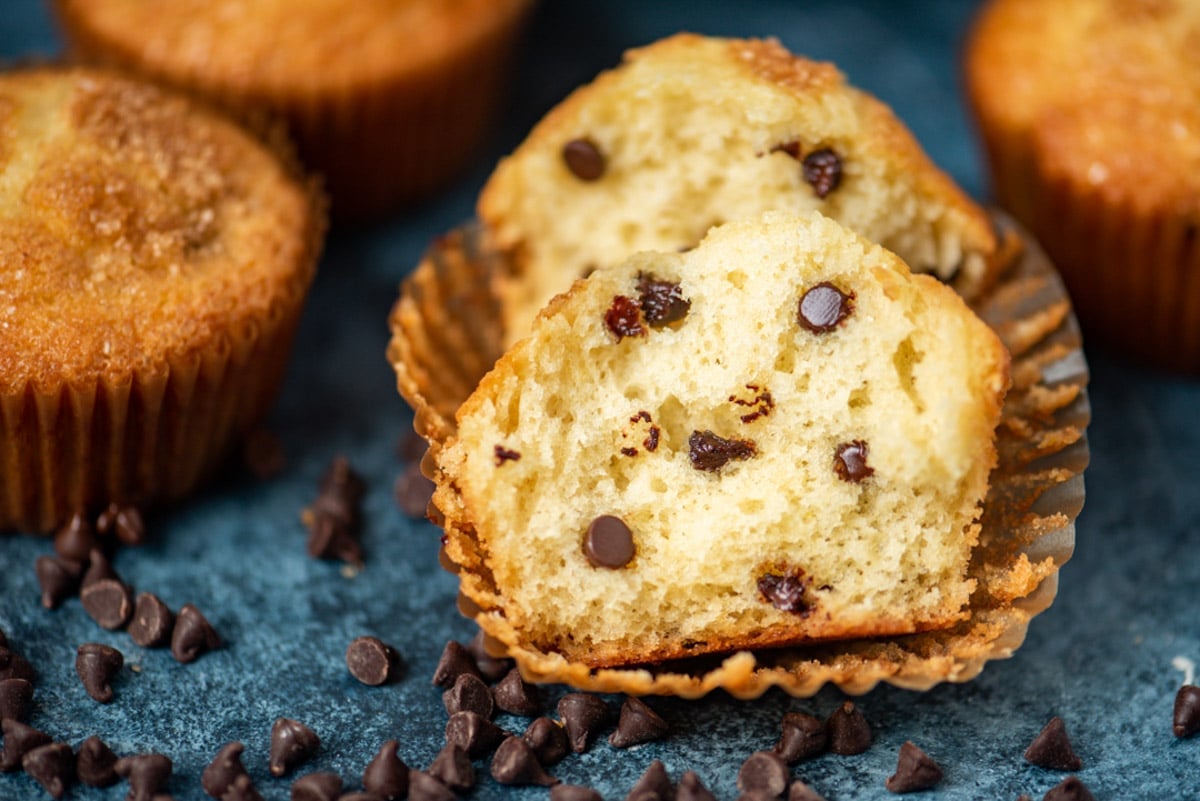 closeup of an amish friendship bread muffins with chocolate chips