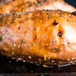 a baked sweet potato on a baking sheet