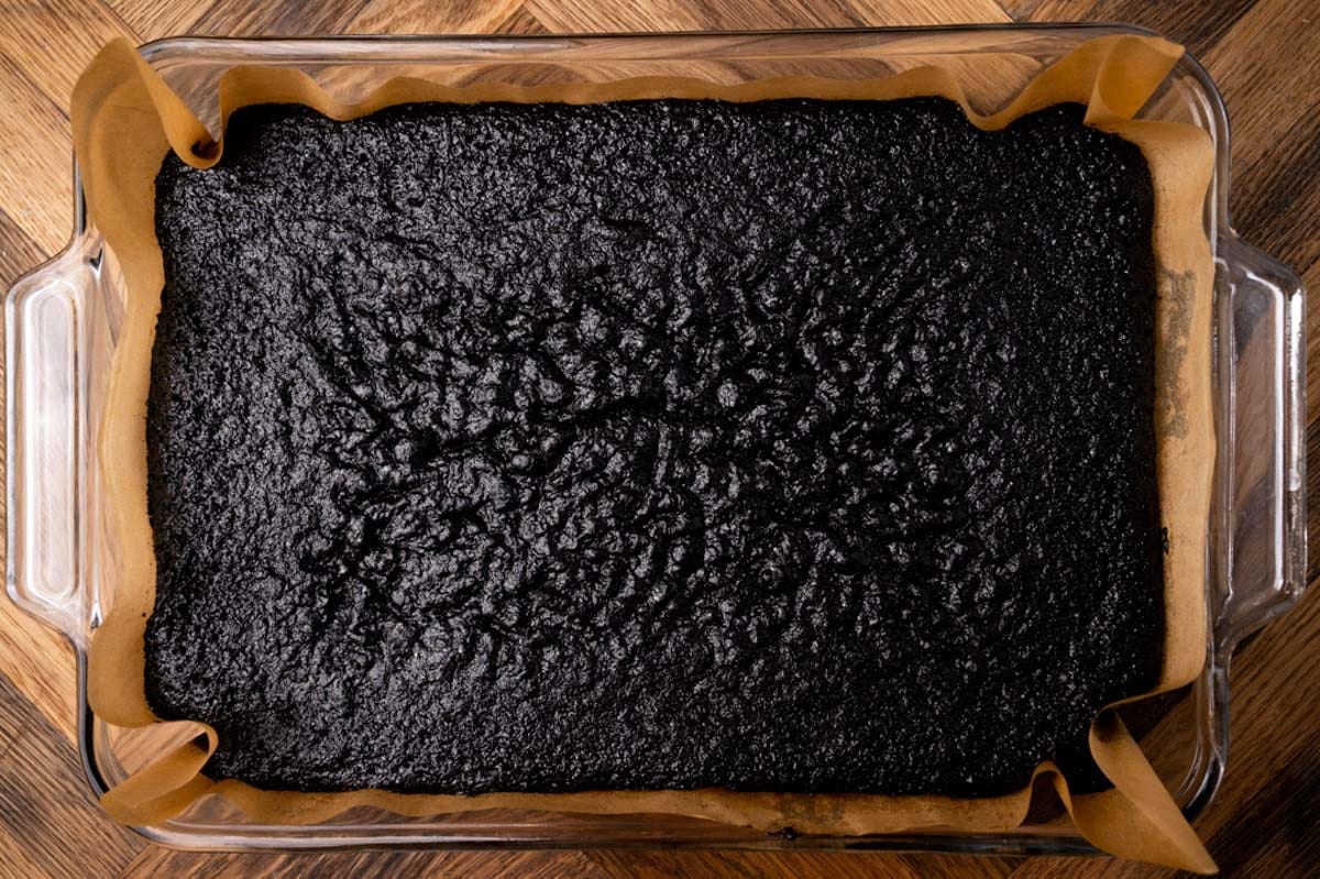unfrosted dark black chocolate cake on a plate