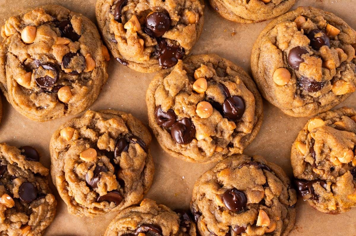 closeup of pumpkin spice cookies with chocolate chips