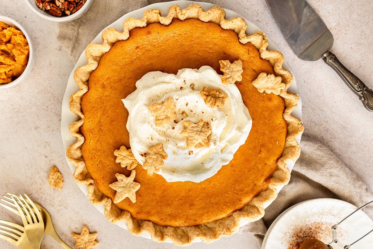 overhead view of pie on a table