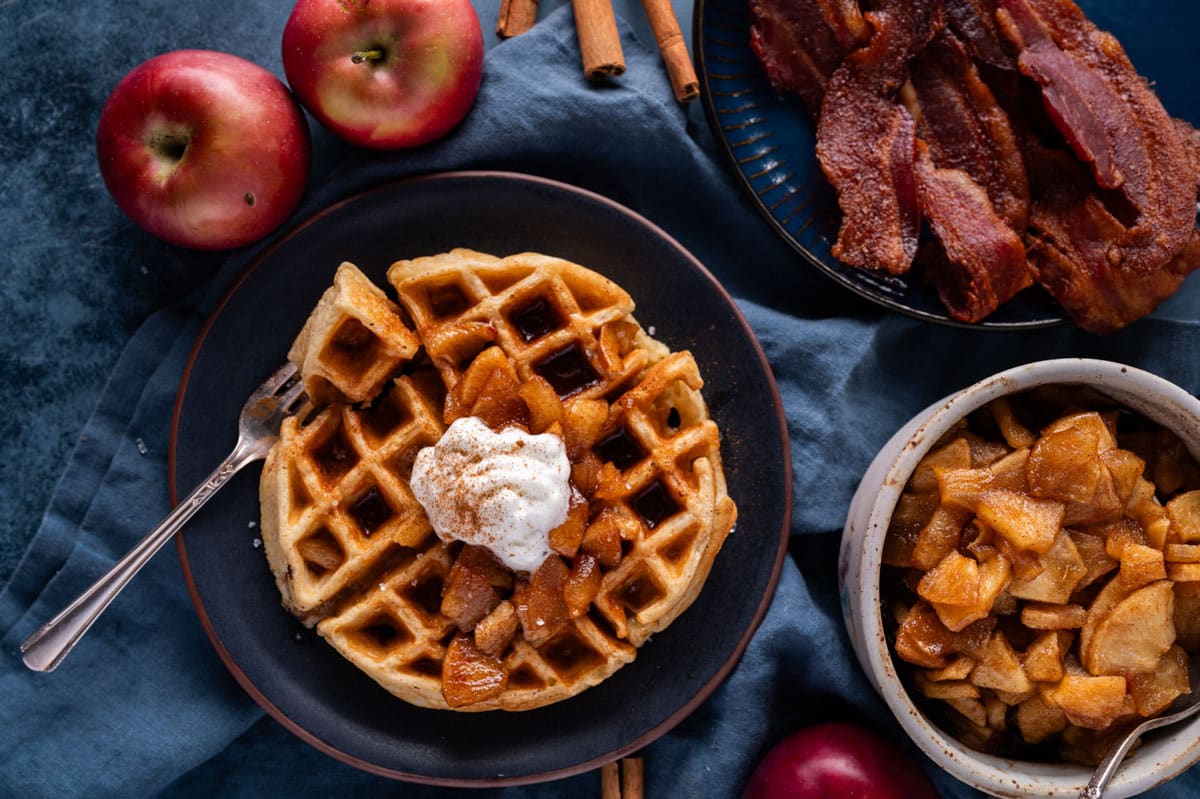 overhead view of apple waffles on a plate