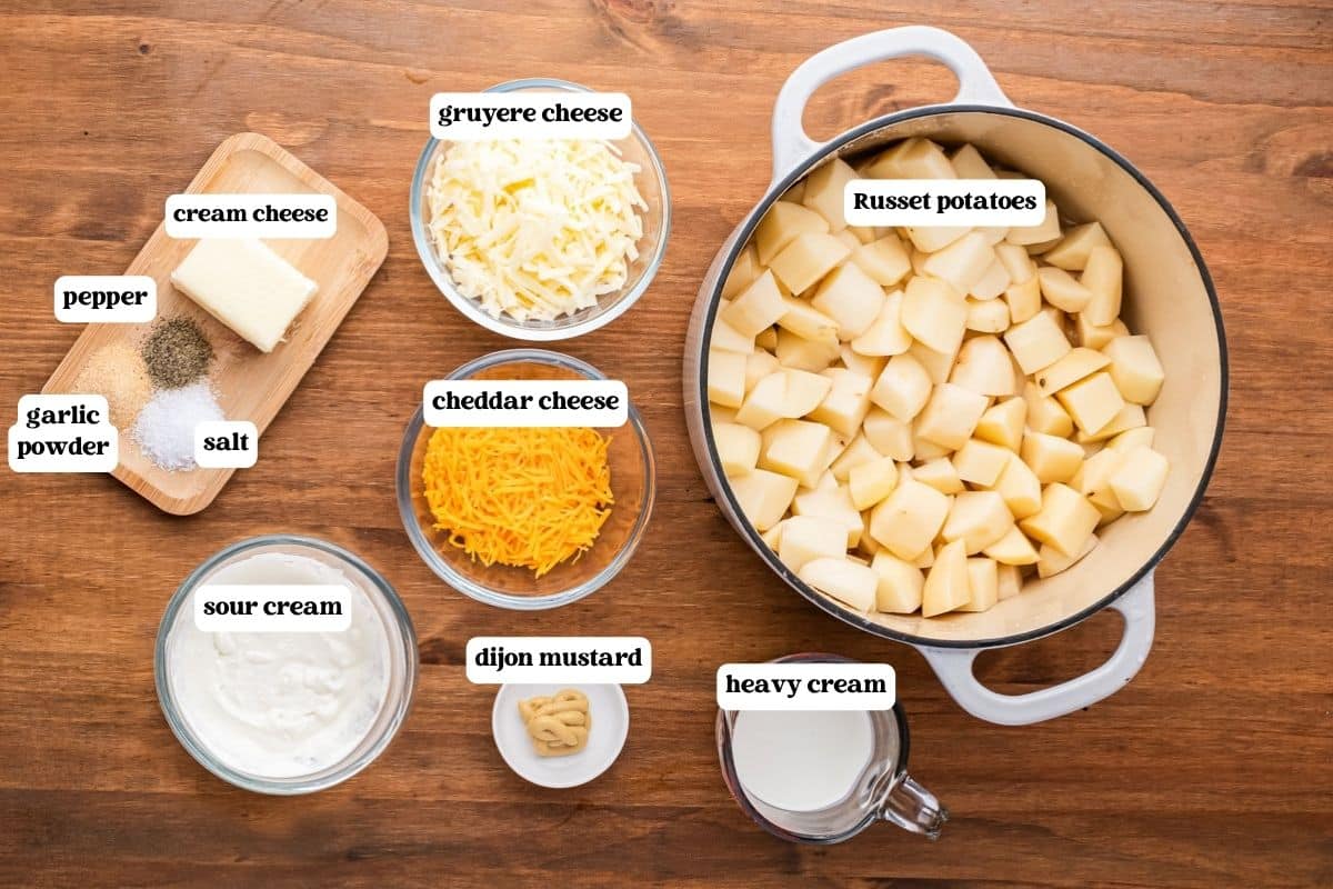 cheesy mashed potatoes ingredients on a table