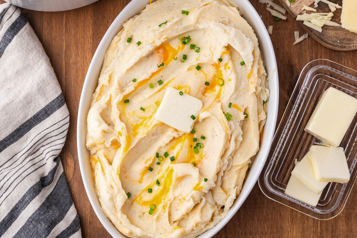cheesy mashed potatoes in a baking pan