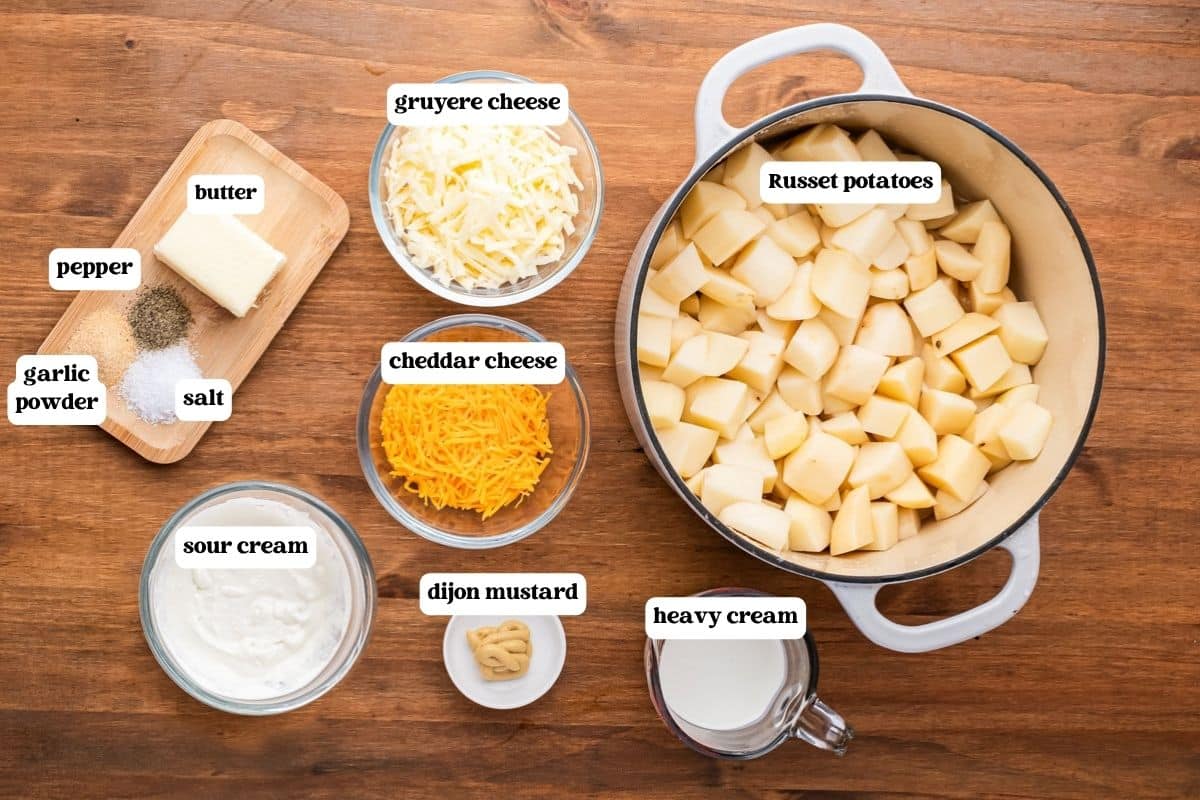 cheesy potatoes ingredients on a table
