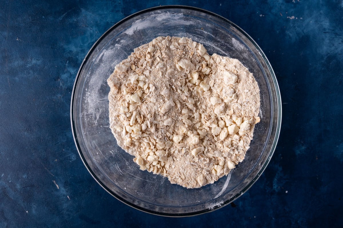 brown sugar oat crumbs in a glass bowl