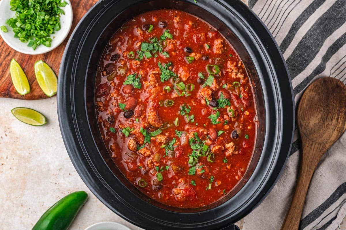 slow cooker ground turkey chili on a table
