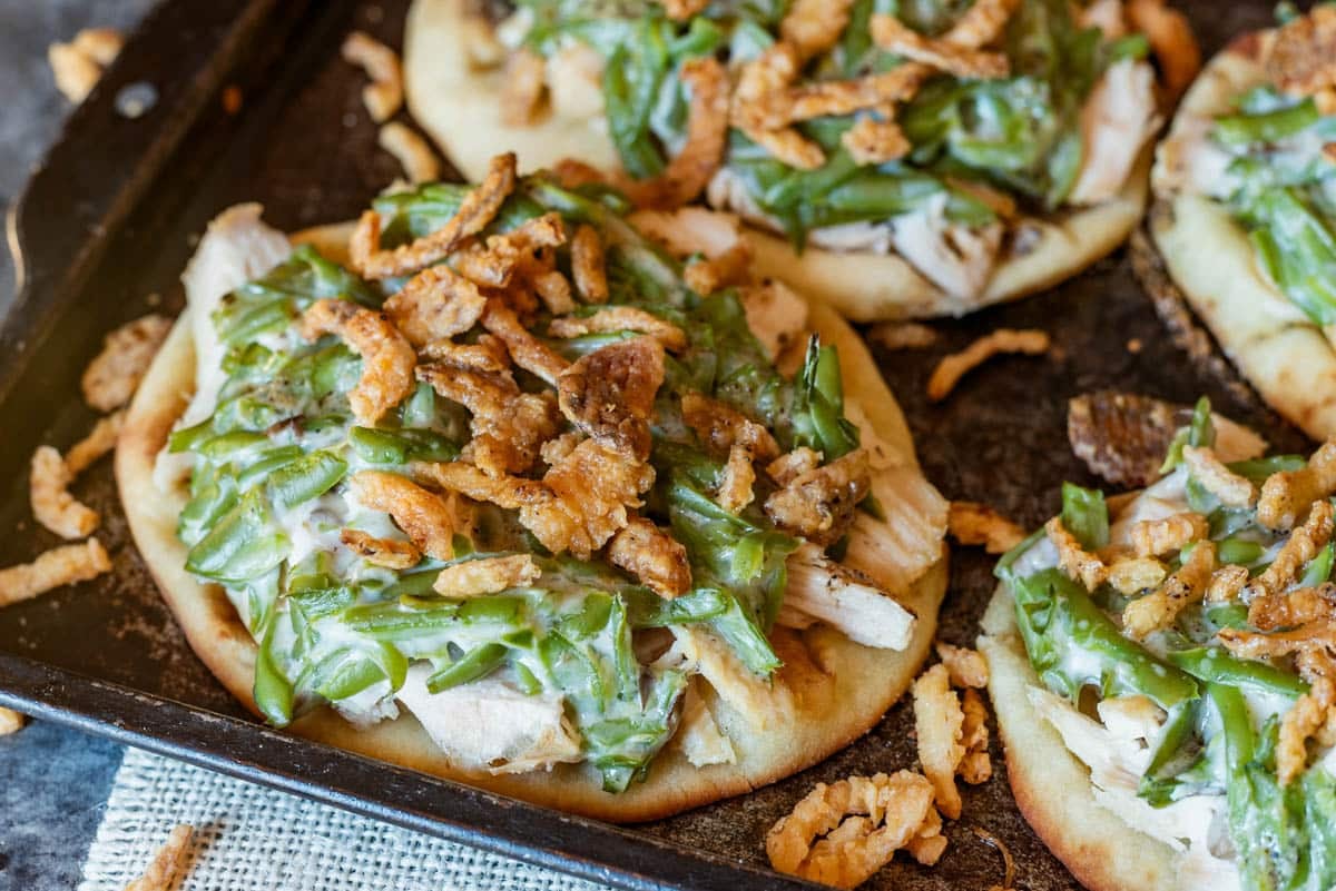 thanksgiving leftover green bean pizzas