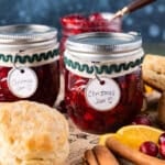 two jars with christmas jam labels