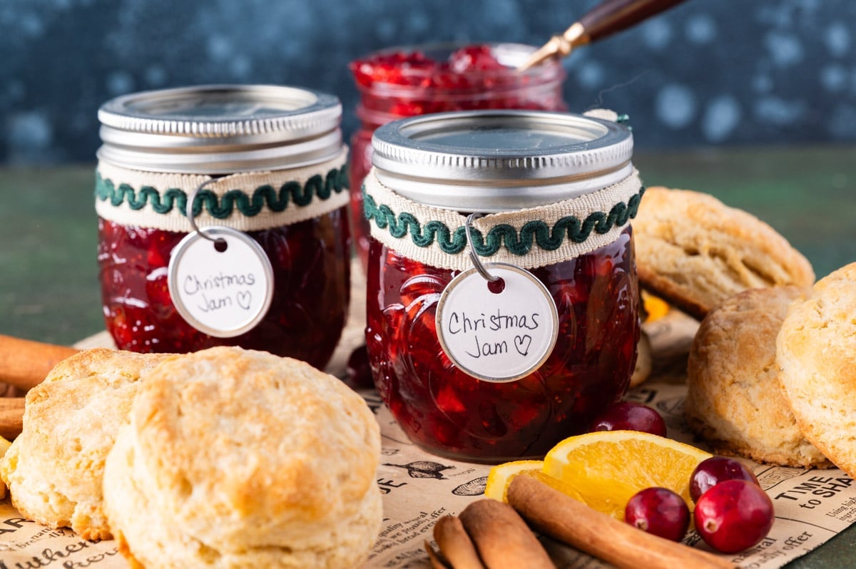 two jars with christmas jam labels