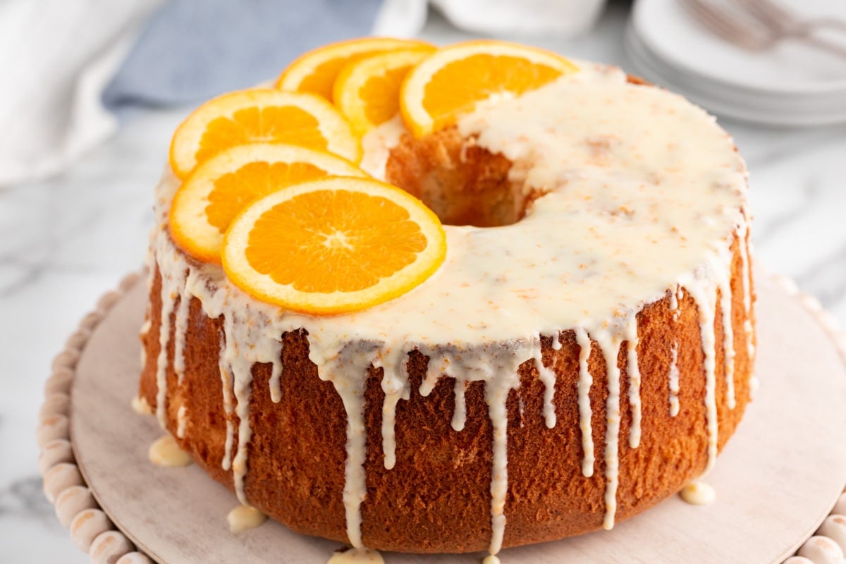 glazed orange chiffon cake on a table