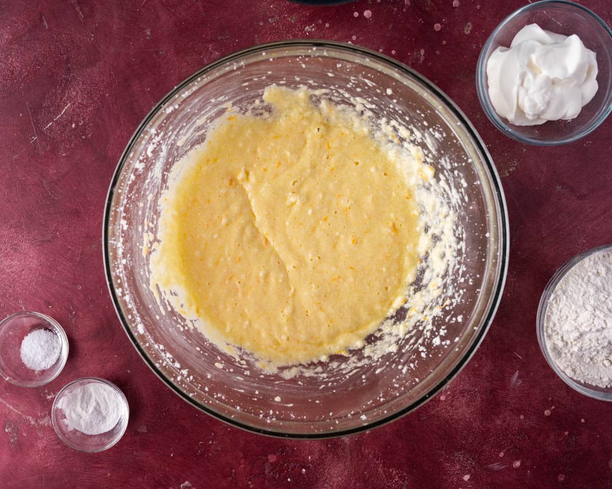 wet ingredients for cake in a bowl
