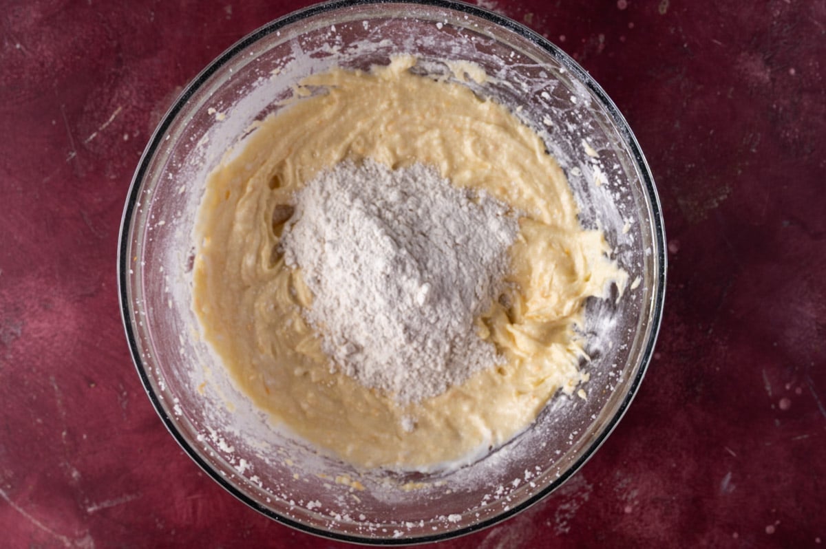 dry ingredients over wet ingredients in a bowl