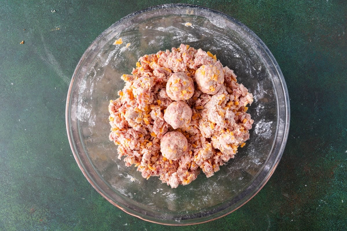 mixture for sausage balls in a bowl
