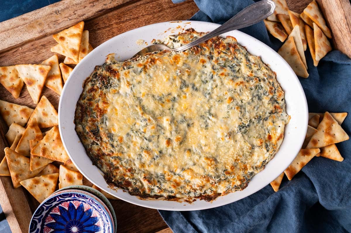 overhead view of spinach dip in a platter