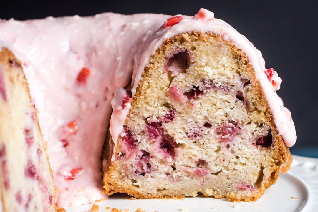 closeup of a strawberry bundt cake cut open