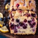 lemon blueberry cake on a wire rack