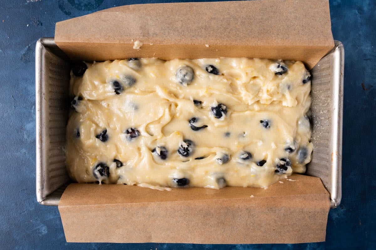 unbaked blueberry lemon bread in a pan