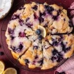 overhead view of a blueberry lemon cake on a table