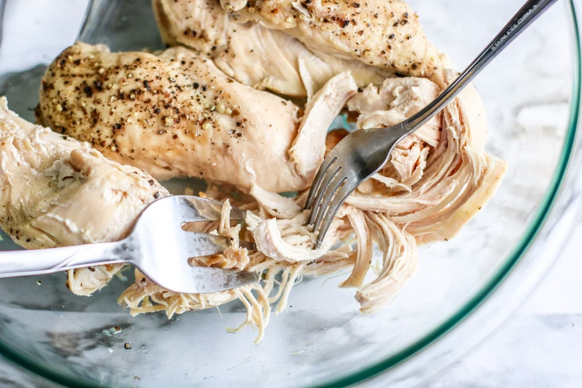 two forks shredding chicken in a bowl