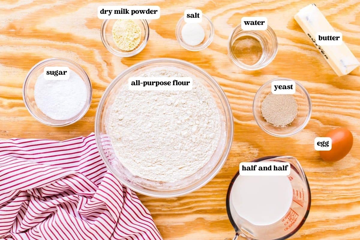 milk bread recipe ingredients on a table