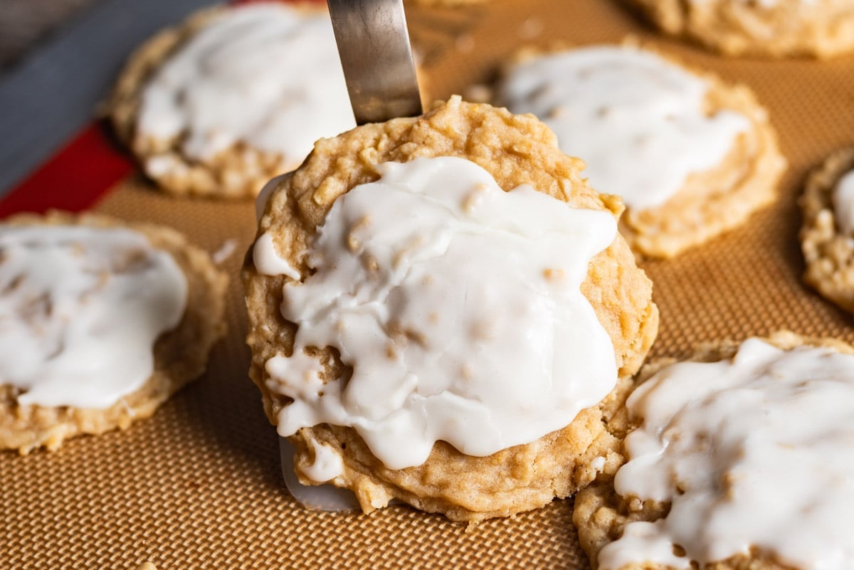 a oatmeal cookie with coconut on a spatula