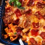 overhead view of pizza casserole with rigatoni pasta