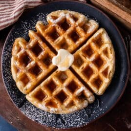 overhead view of sourdough waffle on a plate