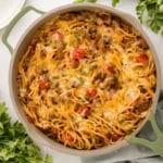 taco spaghetti in a skillet on a table