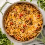 taco spaghetti in a skillet on a table