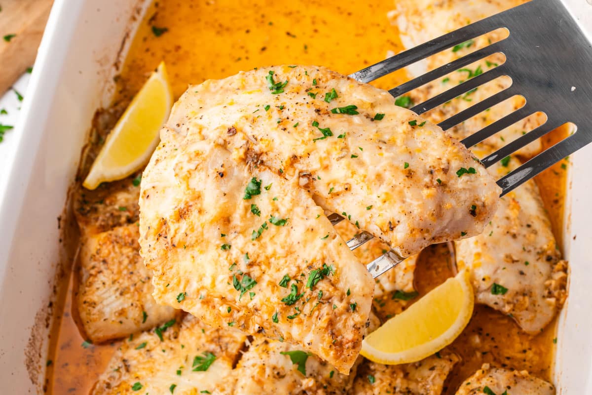 a spatula holding a piece of baked tilapia