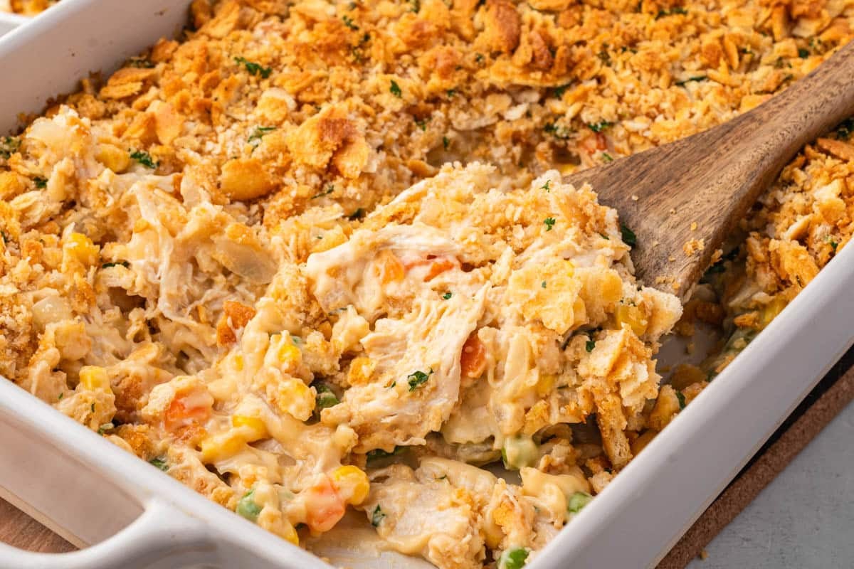 a wooden spoon in a chicken casserole