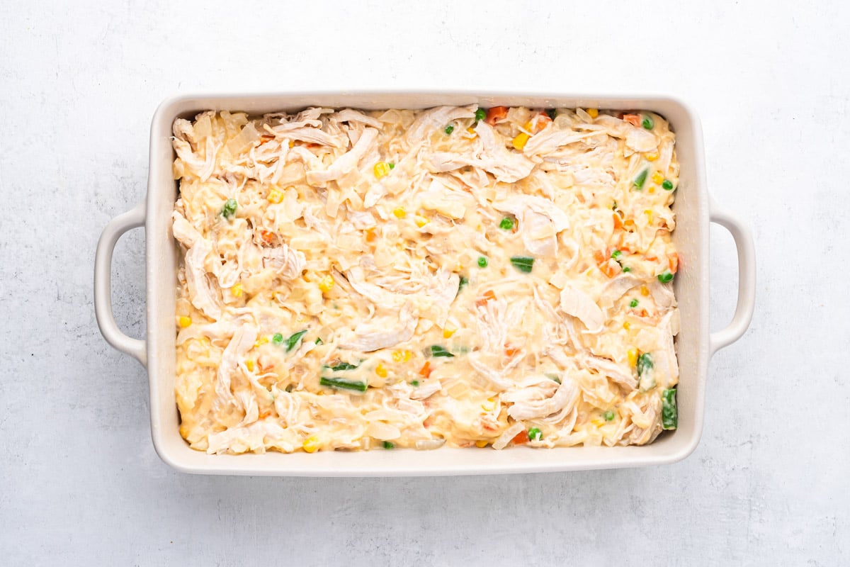 unbaked chicken casserole on a table