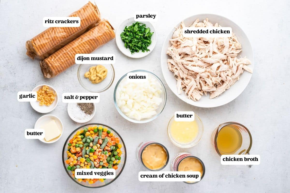 chicken casserole with ritz crackers ingredients on a table