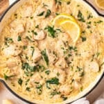 lemon chicken orzo in a skillet